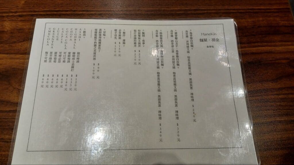 Menya Hanekin menu