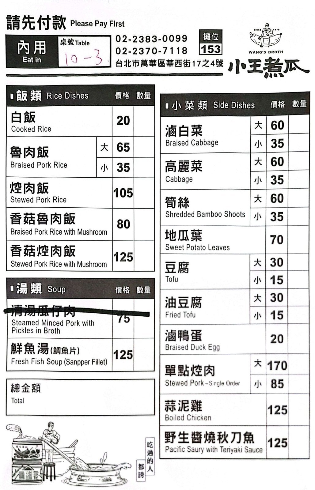 Xiaowang Zhugua - menu